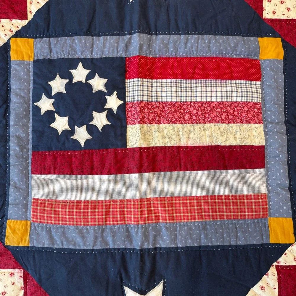 Handmade Americana Patchwork Quilt Betsy Ross Flag Queen 98x88 Red White Blue